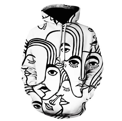 Abstract Faces Art Hoodie   Black and White Line Drawing Sweatshirt