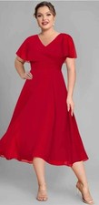 Flycurvy Red Chiffon Double Layer Flutter Sleeve Tunic Midi Dress V-Neck 5XL