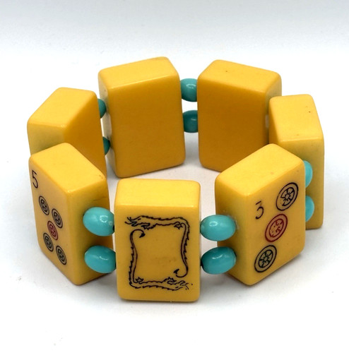 Vtg Mahjong Butterscotch Bakelite Mah Jong Tile Chunky Stretch Bracelet 7 Tiles