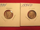 1934 AND 1934D, MERCURY DIMES, SILVER, FREE SHIPPING (#207E)