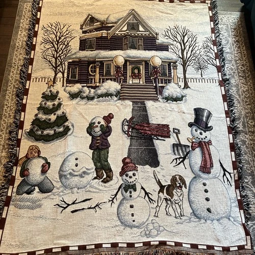 Vtg. Christmas Snowman Blanket Throw Tapestry Victorian House Winter 48" x 66"