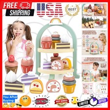 Wooden Cake Toys Tea Party Set, Desserts Food Toy with Cupcake Stand, Kids Pr...