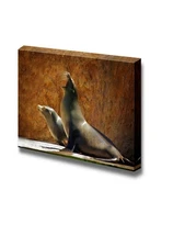 wall26 - Canvas Prints Wall Art - Two Sea Lions in a Zoo Show Against a Rocky