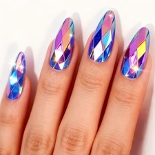 Almond Press on Nails Medium Fake Nails with Design 3D Diamond Shaped Chrom01