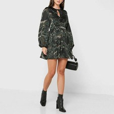 TED BAKER Black Olive Abstract Groovy Print Chrissy Balloon Sleeves Dress 0 = 2