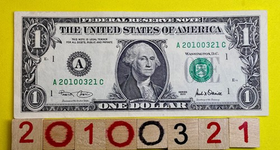 #ad 2010 March 21 Birthday Date Note 20100321 Fancy Serial Number One Dollar Bill DC $19.95