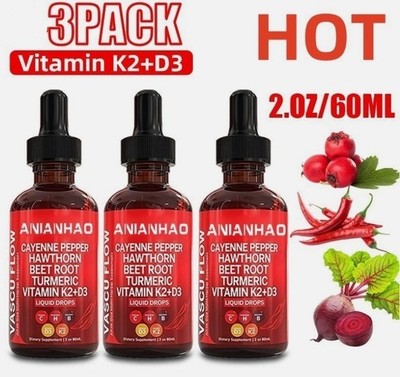 3PACK Nutra Vascu Flow Cayenne Pepper Liquid Drops Hawthorn Root Vitamin - 60ML*