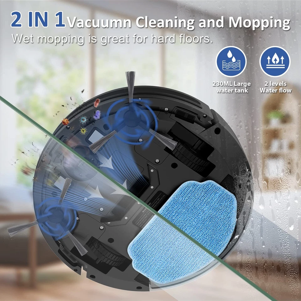 Black 2 in 1 Robotic Vacuum Cleaner with Mopping Smart App Voice Control 100m... - Image 3 of 4