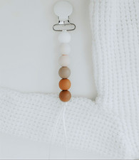 Beaded Pacifier Clip Holder Strap w/ Metal Clip, White Beige Brown Neutral