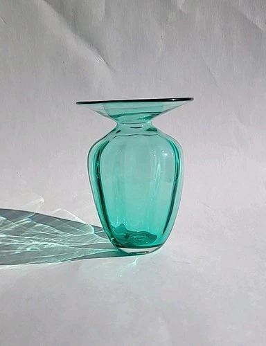 Blenko (?)  Blown Green Glass Vase With Oversized Wide Rim. No Sticker.