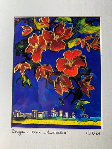 "Bougainvillea & Cityscape Painting by D. Vassey - Colorful Australian Art"