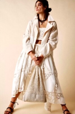 Free People Lily Duster Trench Coat Maxi Belted Lace Crochet Ivory Cream L NWT
