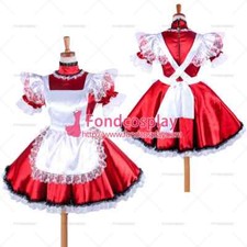 sissy maid short Red Satin Dress Lockable white apron Costume Tailor-made