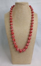 Vintage Red Beaded Necklace White Swirls 26" Early Plastic Strand
