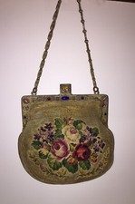 Antique Victorian Roses Petit Point Jeweled Bag Gold Silk Cabochons Gold Finish
