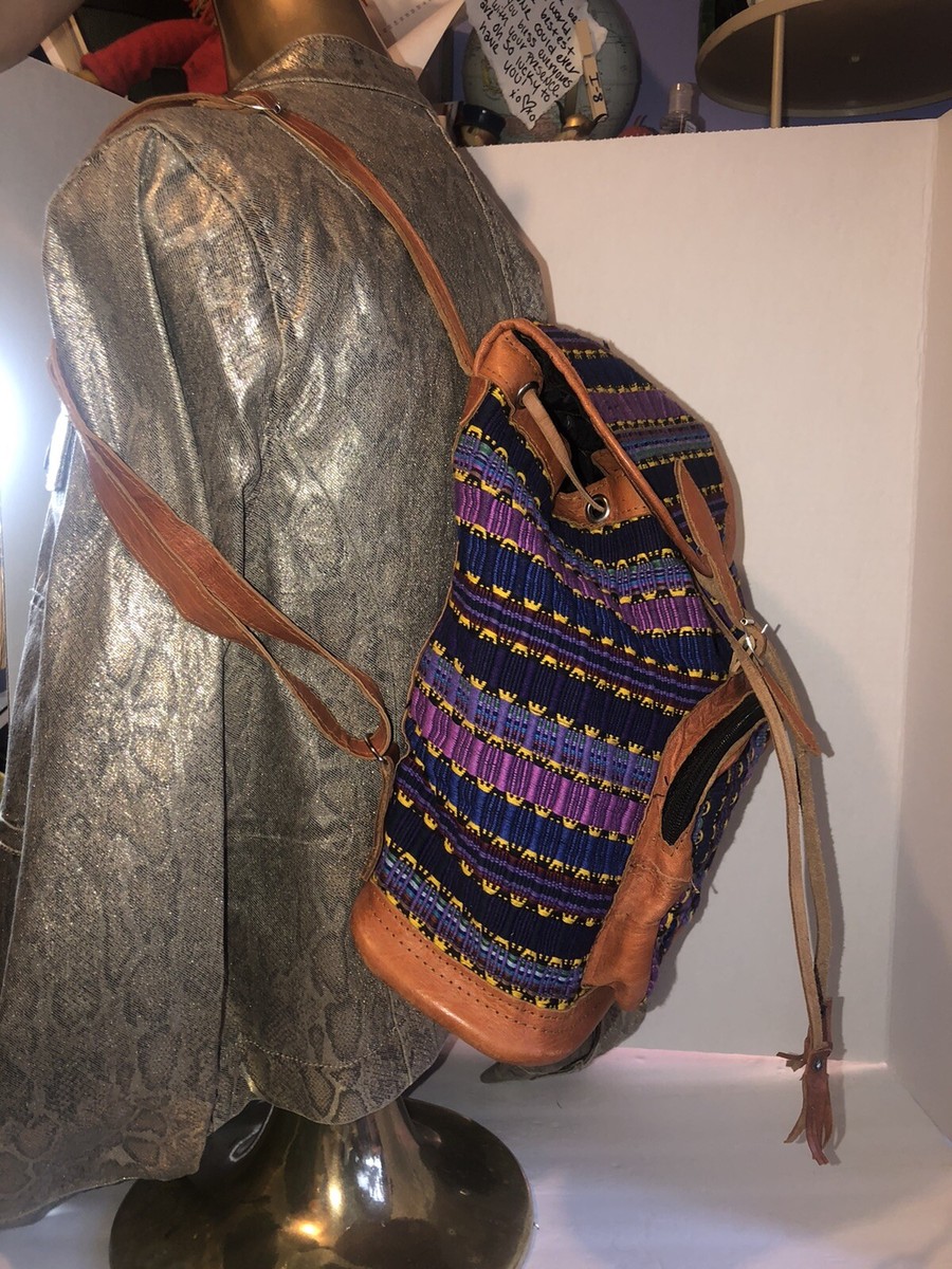 VTG Leather Mexican Blanket Backpack Boho Hippy Chic Purse  display picture 3