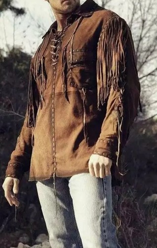 Men's Western Wear Suede Leather Brown Fringe Shirt Style Native American Jacket