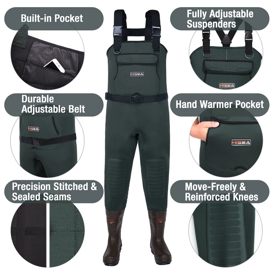 HISEA 200G Insulated Neoprene Fishing Hunting Wader Cleated Bootfoot Chest Wader - Image 4 of 4