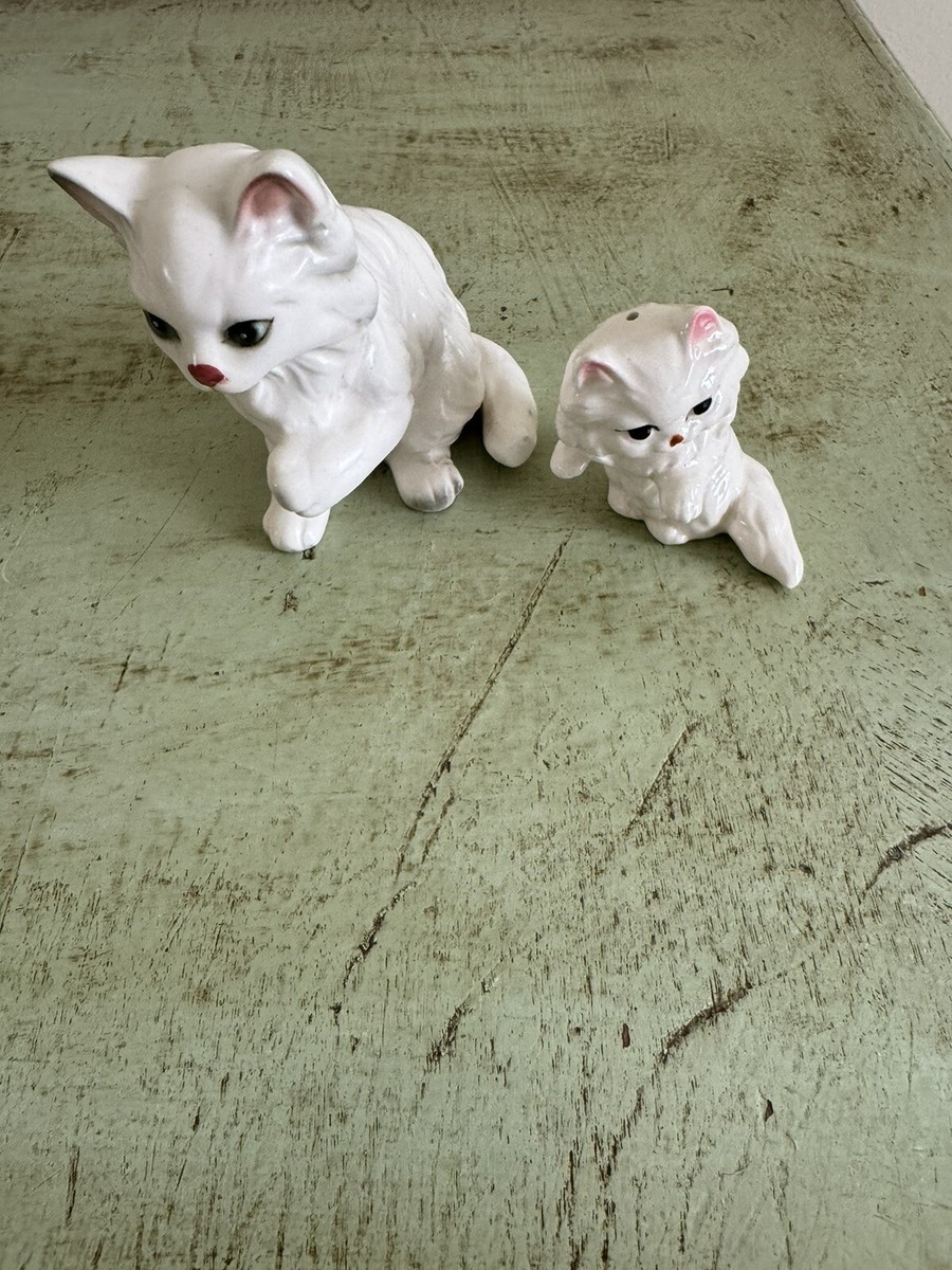 Vintage Mama Cat w/1 Kitten White Blue &Black Eyes Marked H1513 | eBay