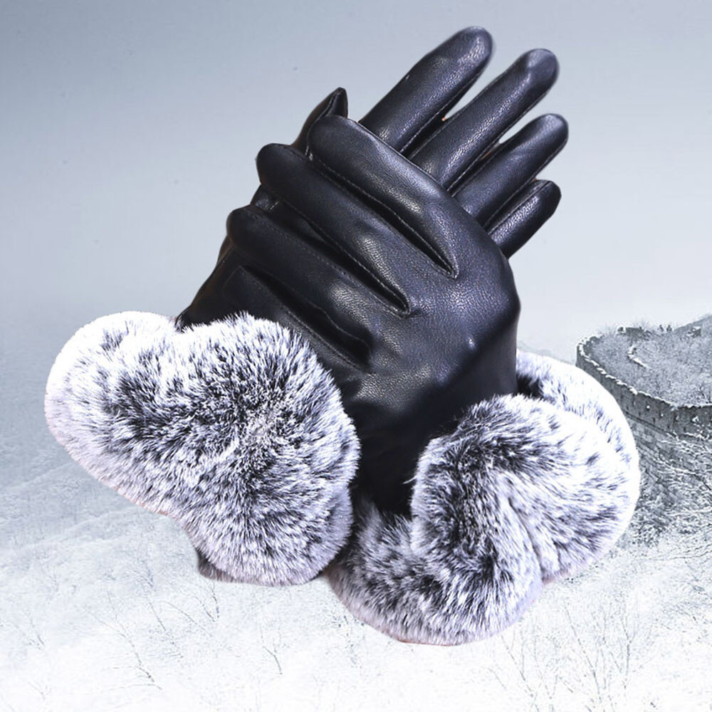 Womens Leather Winter Gloves With Rabbit Fur Trim Lined Warm Ladies
