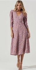 ASTR The Label Purple Peach Floral Puff Sleeve MIDI Dress S