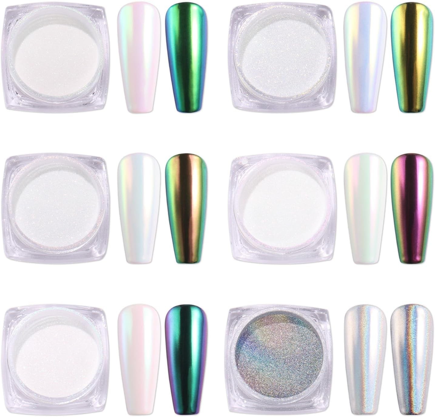 AIMEILI Upgrade Chrome Nail Powder - 6 Jar Art Chameleon Mirror Set, Pearl Shel