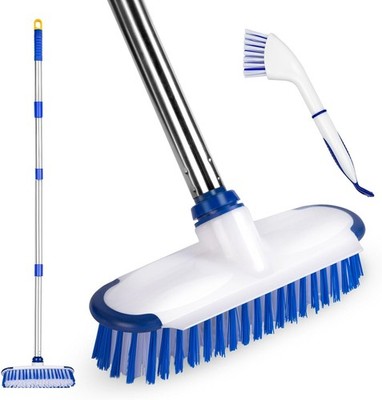 Floor Scrub Brush with Long Handle, 2 in 1 Deck Scrub Brush, Stiff Bristle Scrub
