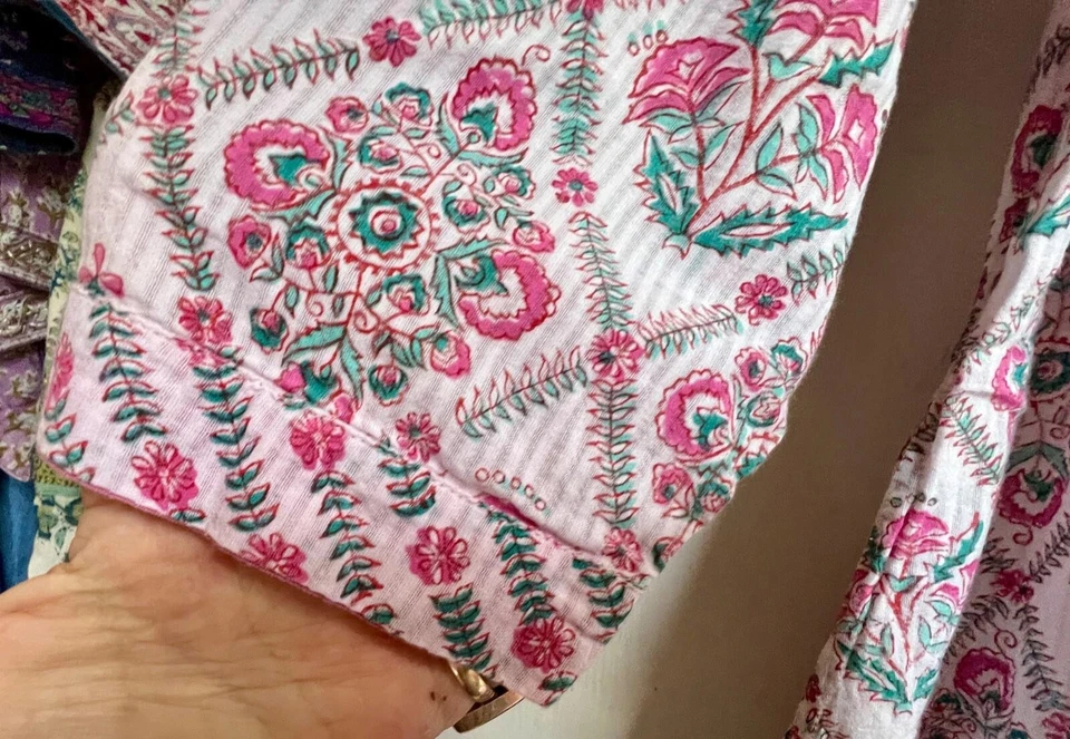 FABINDIA Kaftan Dress XXL Pink Green Floral Hand Block Print Cotton Midi Length - Image 3 of 4