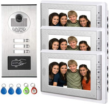 3 Units Apartment Video Intercom System, 7 Inch Monitor Wired Video Doorbell Doo