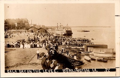 Real Photo Postcard Gala Day on the Levee, Steamboats, Burlington, Iowa