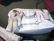Michael Kors Duffle Bag White Pink Logo Strip...