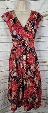 Garnet Hill Red Floral Midi Dress 14 Fit & Flare 100% Cotton Tie Back