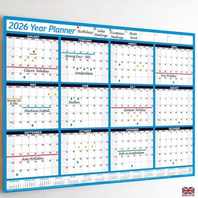 PLANNER HEAD 2026 Year Planner Wall Chart+Calendar+Holidays✔Grid Format ✔WIDEST RANGE ON EBAY