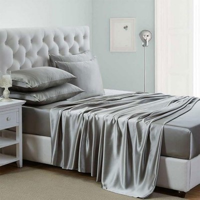 Lanest Housing King Size Silk Satin 6-Piece Bed Sheet Set, Deep Pocket, Light Gr