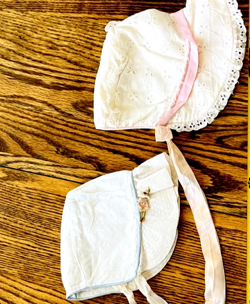 Vintage Baby Bonnet Set – Pink & Blue Floral Cotton Ribbon Handmade (I)
Opens in a new window or tab