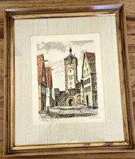 Vintage Rothenburg Germany Colored Etched Print-Artist Signed-Fleck Brothers