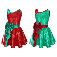 Girls Christmas Santa Elf Costume Sequins Princess Dress Xmas Party Jumpsuit