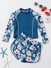 Girls Shein Long Sleeve Shorts Blue Floral Bikini Age 12 Years 160cm Worn Once