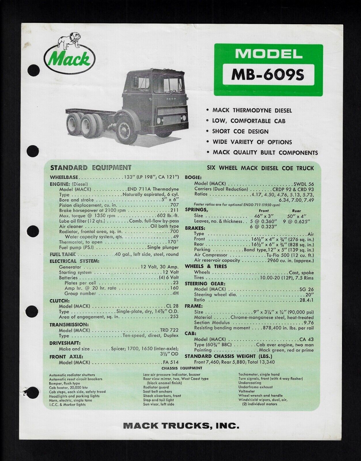 MACK TRUCKS MB-609S SPECIFICATIONS BROCHURE 07/65