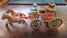 Vintage Cast Iron Fireman Horse Drawn Fire Engine Pump Wagon 2 Piece Toy Red