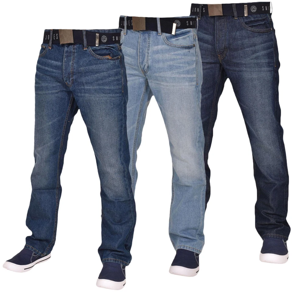 Mens Bootcut Denim Jeans Regular Fit Trousers Bottoms Smith and Jones Faded Pant