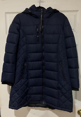 NWOT Guess Women Sz L Navy Blue Knee Length Heavy Quilted Puffer Coat with Hood