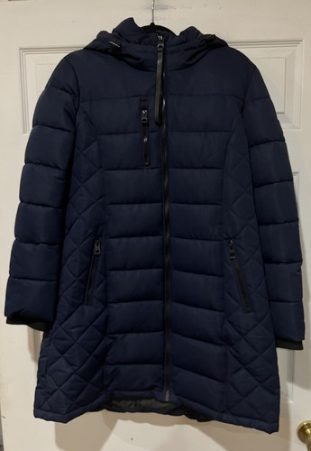 NWOT Guess Women Sz L Navy Blue Knee Length Heavy Quilted Puffer Coat with Hood
