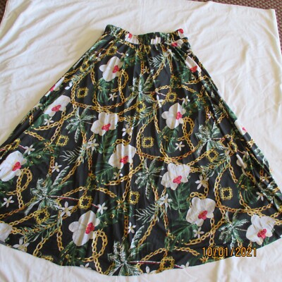 NEW Elegant BLACK Green Floral SKIRT ELASTIC Waist Women's Clothing SMALL  SIZE