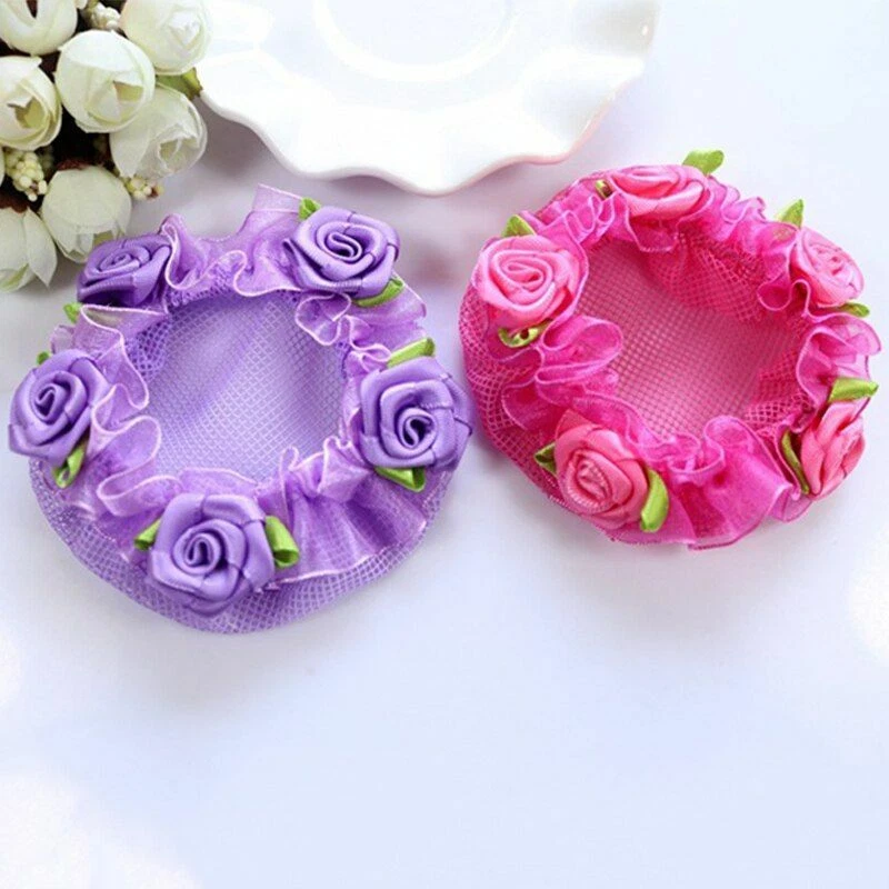 Lindos accesorios de peinado para niños con cubierta de moño de red para cabello flores elásticas ballet Foto 3 de 4