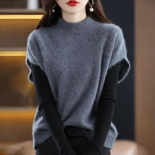 Lady Knitted Vest Tank Tops Batwing Short Sleeve Knitwear Turtle Neck Basic Warm