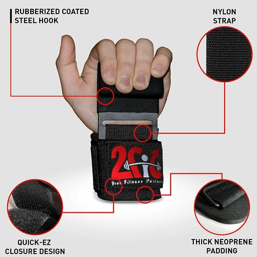 Wrist Support Heavy-Duty WEIGHT LIFTING HOOKS for Grip DEADLIFT STRAPS Gym Power - Afbeelding 2 van 24