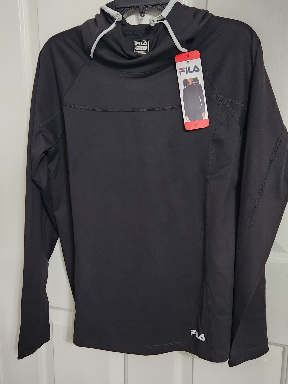 Felpa con cappuccio FILA donna imbuto collo traspirante allenamento attivo nera M nuova con etichette