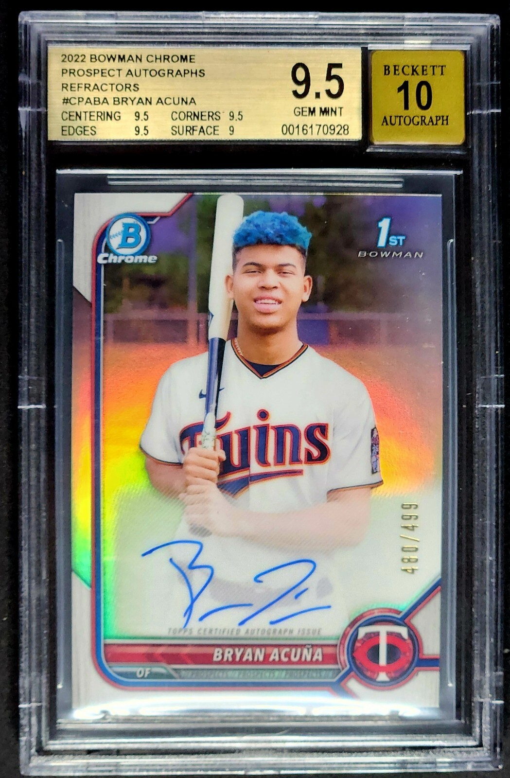 Bryan Acuna 2022 Bowman Chrome 1st Refractor Autograph Auto /499 Twins BGS 9.5
