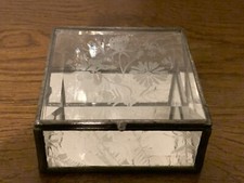 Vintage Square Beveled Glass Mirrored Brass Frosted Flowers Jewelry Box Curio